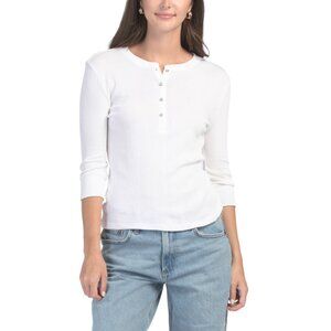 GOLDIE TEE White Pima Cotton Ribbed Henley Neck Top
